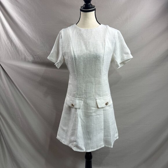Crewneck Short Sleeve Faux Pocket Mini Dress White - Picture 5 of 5